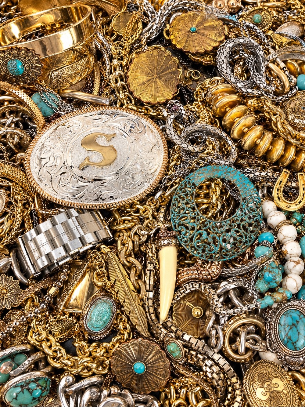 2 LB Gold Silver Mixed Metal Jewelry Lot Coastal Cowgirl Western Turquoise Boho
